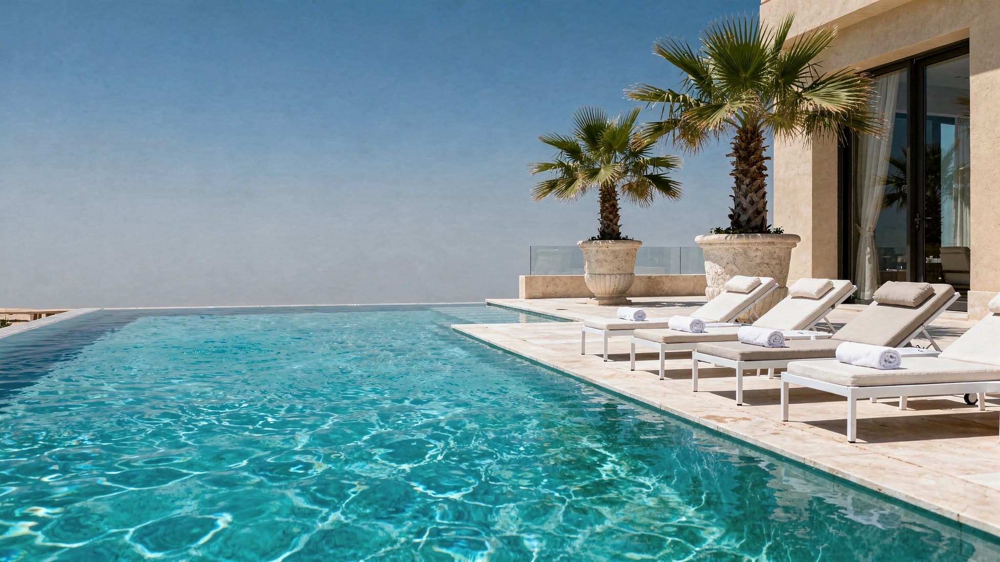 Potted palms beside a villa pool and terrace